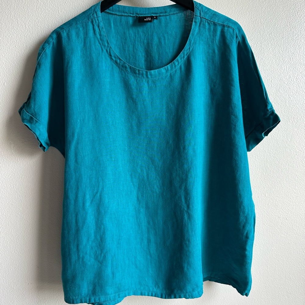 Lisa Bayne 100% linen Short Sleeve Top blue teal size small